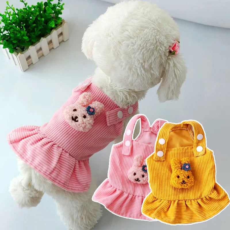 Cute Corduroy Pet Clothes Lovely Plush Rabbit Puppy Kitten Skirt Pink Yellow Striped Suspenders Skirt For Small Dogs Chihuahua