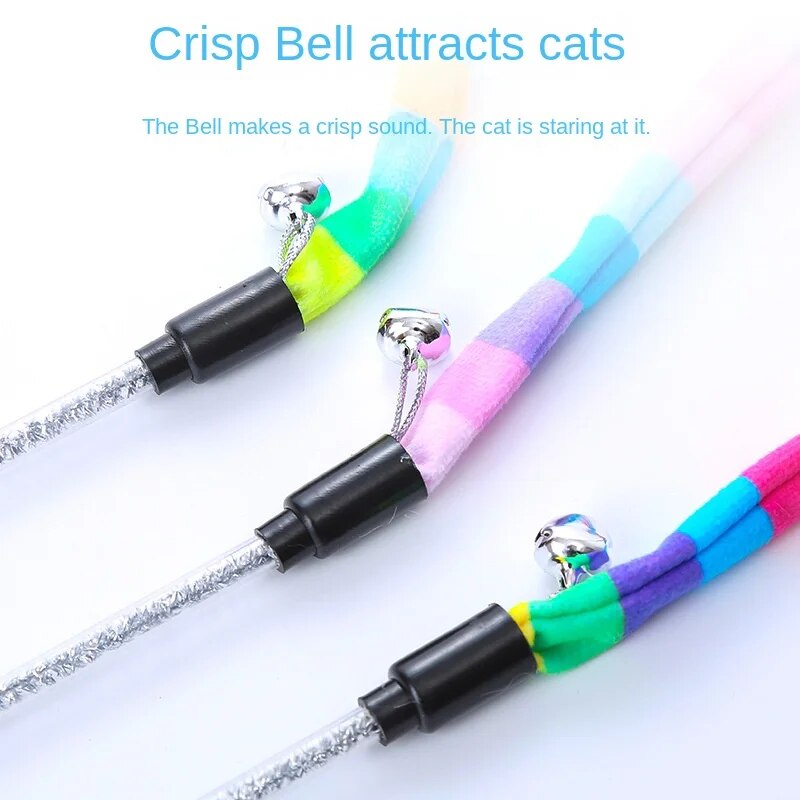 Cat Toys Rainbow Stripes Funny Cat Stick with Bell Interactive Play Pet Supplies Cat Toys Interactive Cat Toy Worm on A String