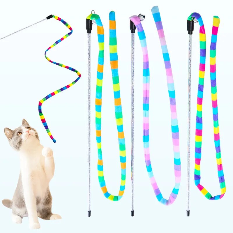 Cat Toys Rainbow Stripes Funny Cat Stick with Bell Interactive Play Pet Supplies Cat Toys Interactive Cat Toy Worm on A String