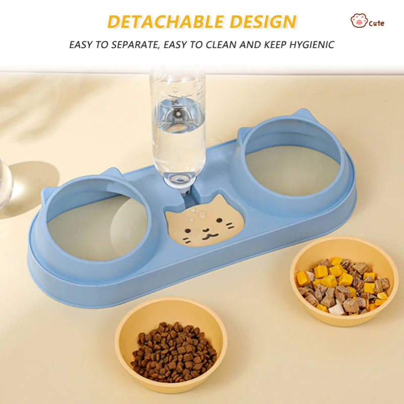 Pet Cat Bowl Automatic Feeder Dog Food Bowl with Water Fountain Double Bowl Drinking Raised Stand Dish Bowls for Cats