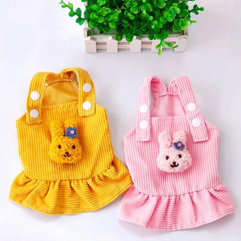 Cute Corduroy Pet Clothes Lovely Plush Rabbit Puppy Kitten Skirt Pink Yellow Striped Suspenders Skirt For Small Dogs Chihuahua