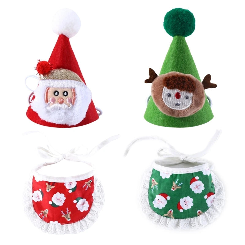 2PCS Adjustable Dog Christmas Hat Bib Pet Santa Cap Holiday Dress Up