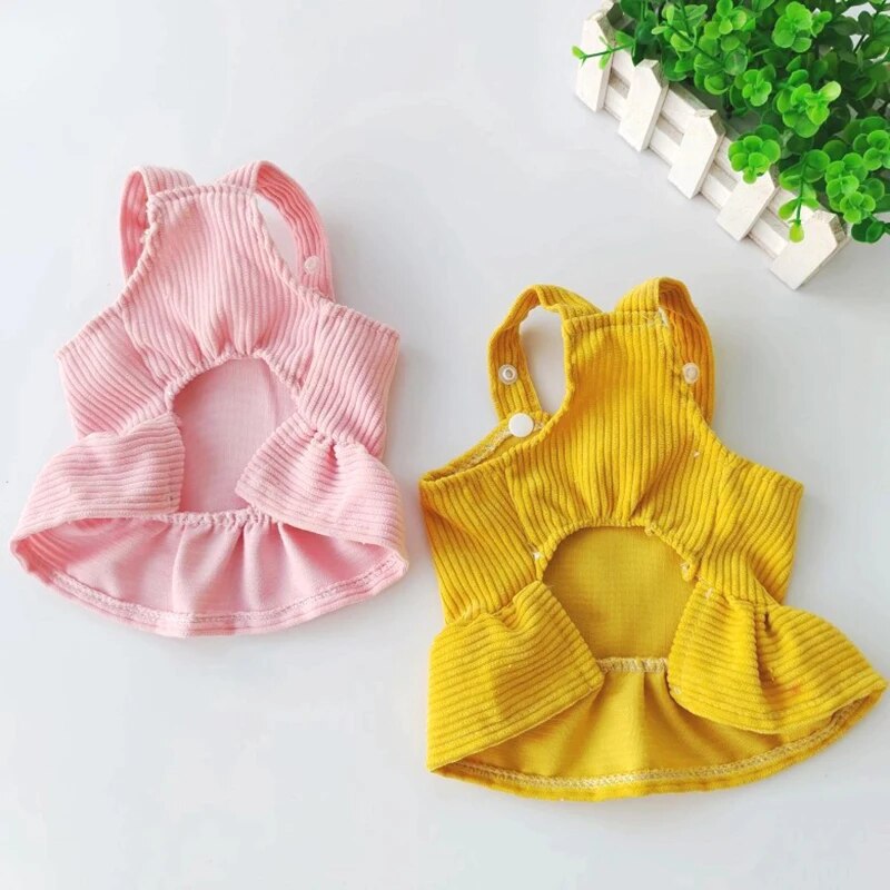 Cute Corduroy Pet Clothes Lovely Plush Rabbit Puppy Kitten Skirt Pink Yellow Striped Suspenders Skirt For Small Dogs Chihuahua