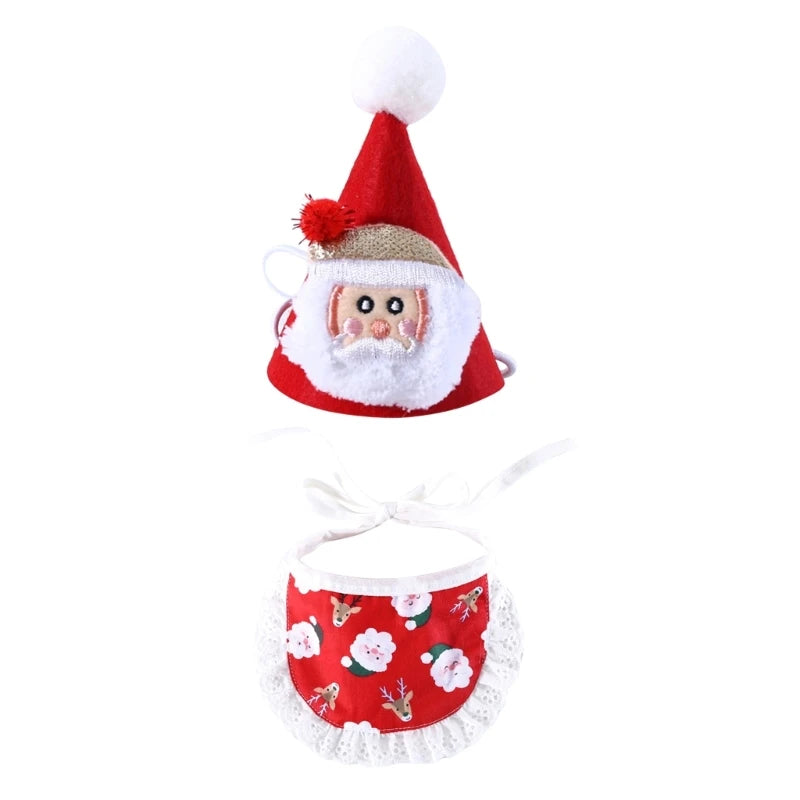 2PCS Adjustable Dog Christmas Hat Bib Pet Santa Cap Holiday Dress Up