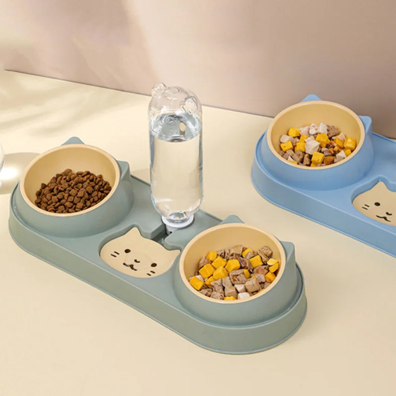 Pet Cat Bowl Automatic Feeder Dog Food Bowl with Water Fountain Double Bowl Drinking Raised Stand Dish Bowls for Cats